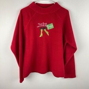 Embroidered 'Boots were made for Shopping' Fleece Sweater Womens L Red Mock Neck